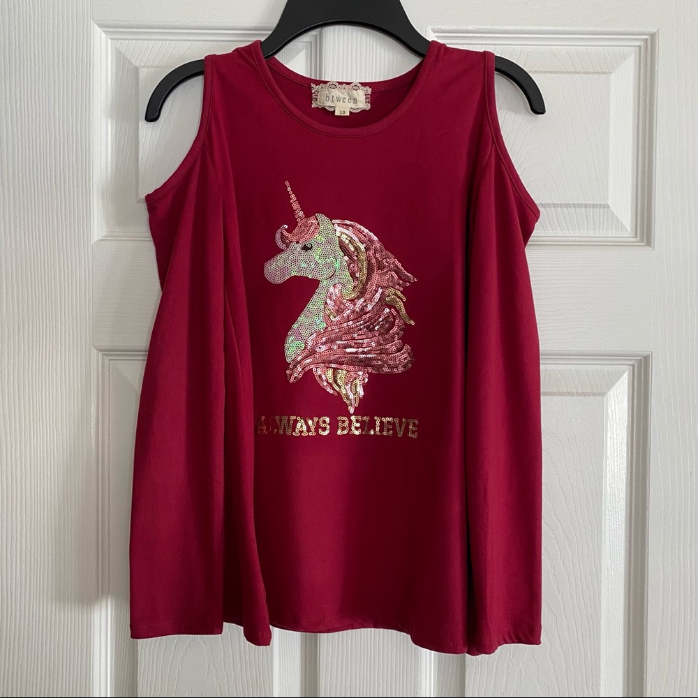 Btween Cold Shoulder Unicorn Top Girls NWOT